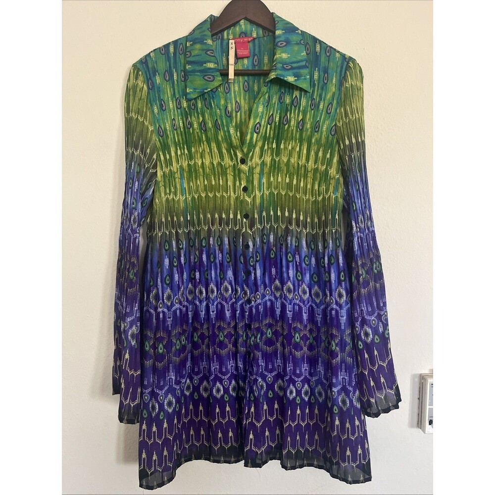 Sunny Leigh Tunic Sheer Paisley V-Neck Bell Sleeve Button Shirt Dress SZ XL